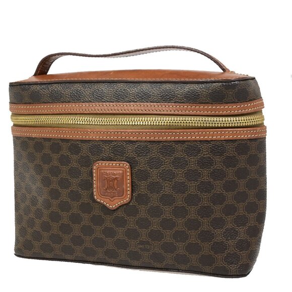 CELINE Logo Macadam Pattern Vanity Hand Bag PVC Leather Brown GHW Italy - Picture 1 of 16